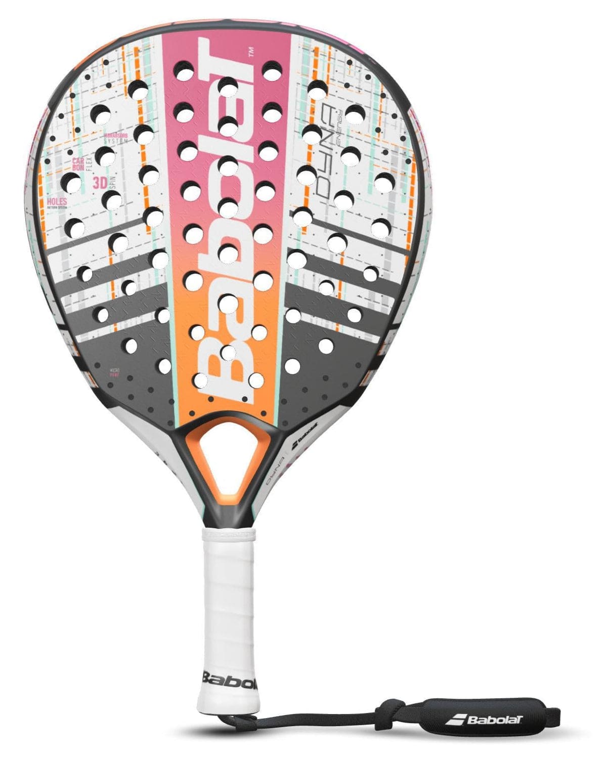 The Babolat Dyna Energy Padel Racket by Babolat is a lightweight women's teardrop-shaped racket featuring a white, orange, pink, and black design with perforated face, white grip, and black wrist strap.