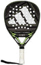 The adidas Cross It Carbon 2026 Padel Racket features a black and green design with a triangular logo, white perforated face, carbon fiber texture, gold-dotted white grip, and black wrist strap for advanced-level play.