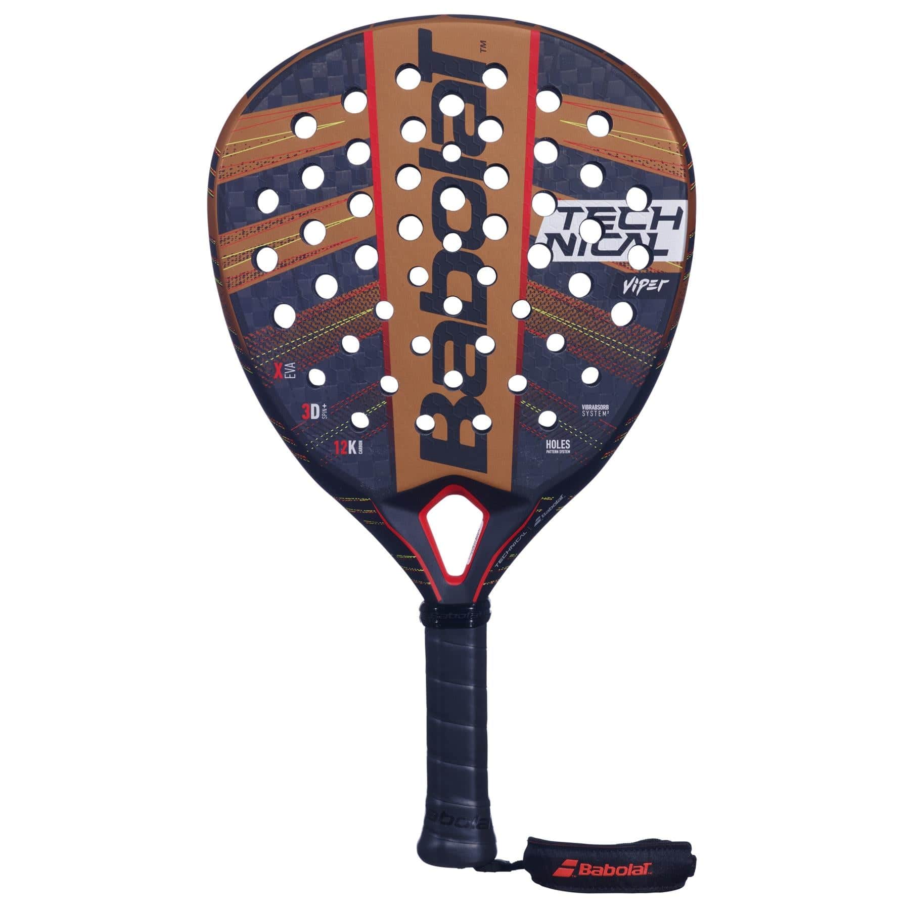 The Babolat Technical Viper Padel Racket by Babolat features a bold black and red design with gold and white accents, multiple holes, vibration dampening, and a comfy black grip plus branded wrist strap.