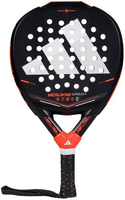 The adidas Metalbone Superlight 2026 Padel Racket features a black design with red accents, a large white adidas logo, circular perforations, and a black grip with wrist strap for lightweight performance and standout style.
