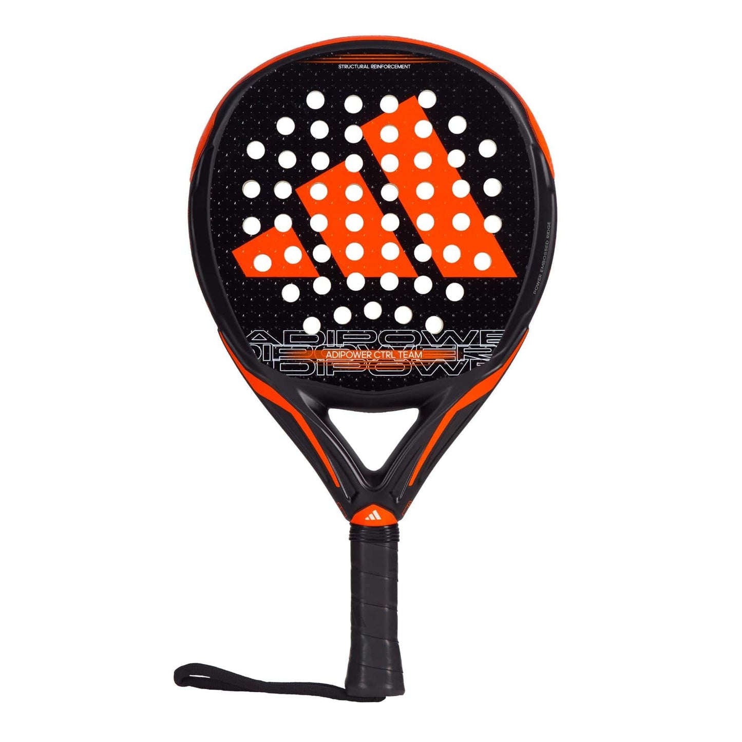 The adidas Adipower CTRL Team 3.3 Padel Racket features a black and orange design with white circular holes, a large orange adidas logo, black grip handle, and wrist strap—ideal for players seeking precision and control.