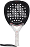 The adidas Metalbone Carbon 3.4 Padel Racket, in black and white, is ideal for advanced players and features a large adidas logo, round holes on the face, "METALBONE CARBON" above the handle, and a white grip with red accents.