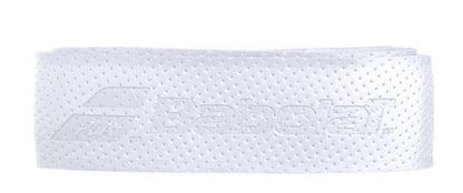 Introducing the Babolat Syntec Evo X1 Replacement Padel Grip in white, which boasts a perforated texture to enhance grip and absorb moisture. Experience unparalleled comfort with every swing, complemented by an embossed Babolat logo that adds elegance to your game.