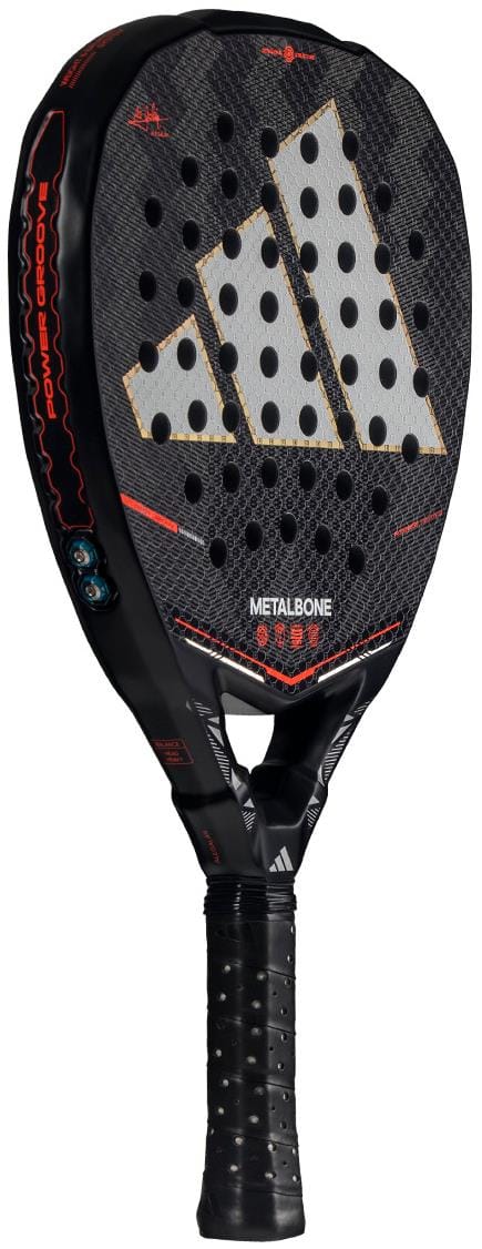 The adidas Metalbone by Ale Galán 2026 Padel Racket is black with a large white logo, red accents, and a perforated surface. It has a Spin Blade Decal for better spin and a customizable weight and balance system.