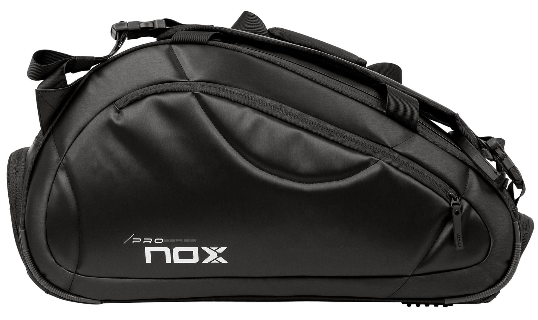 The NOX Pro Series Padel Racket Bag - Black features a sleek design, side zipper pocket, “Pro Series” and “NOX” print, multiple straps, padded panels, and ample storage for your gear.
