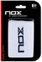 The NOX Padel Wristband - White / Navy Blue offers wrist protection with Balance Fresh tech and features the NOX logo. Packaged in a black/red blister pack marked “NOX Pro Series Accessories” and “World Padel Tour Official Accessories.”.