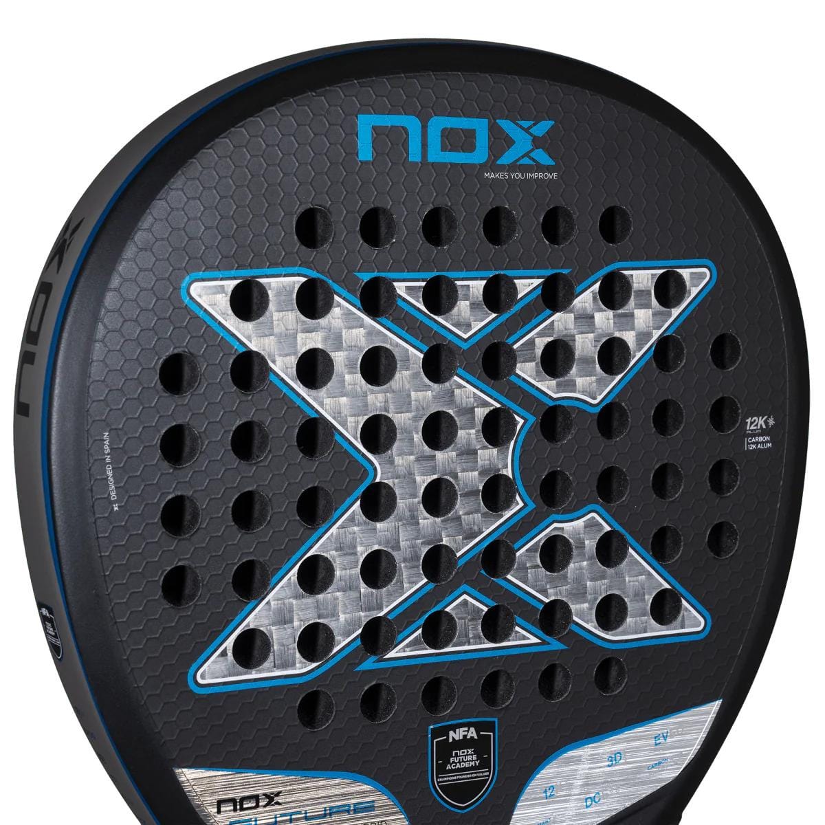 Close-up of the NOX NFA Future Hybrid 12K Alum Padel Racket by NOX, featuring a bold silver and blue "X," circular perforations, and branding—highlighting this modern padel racket’s style and versatile performance.