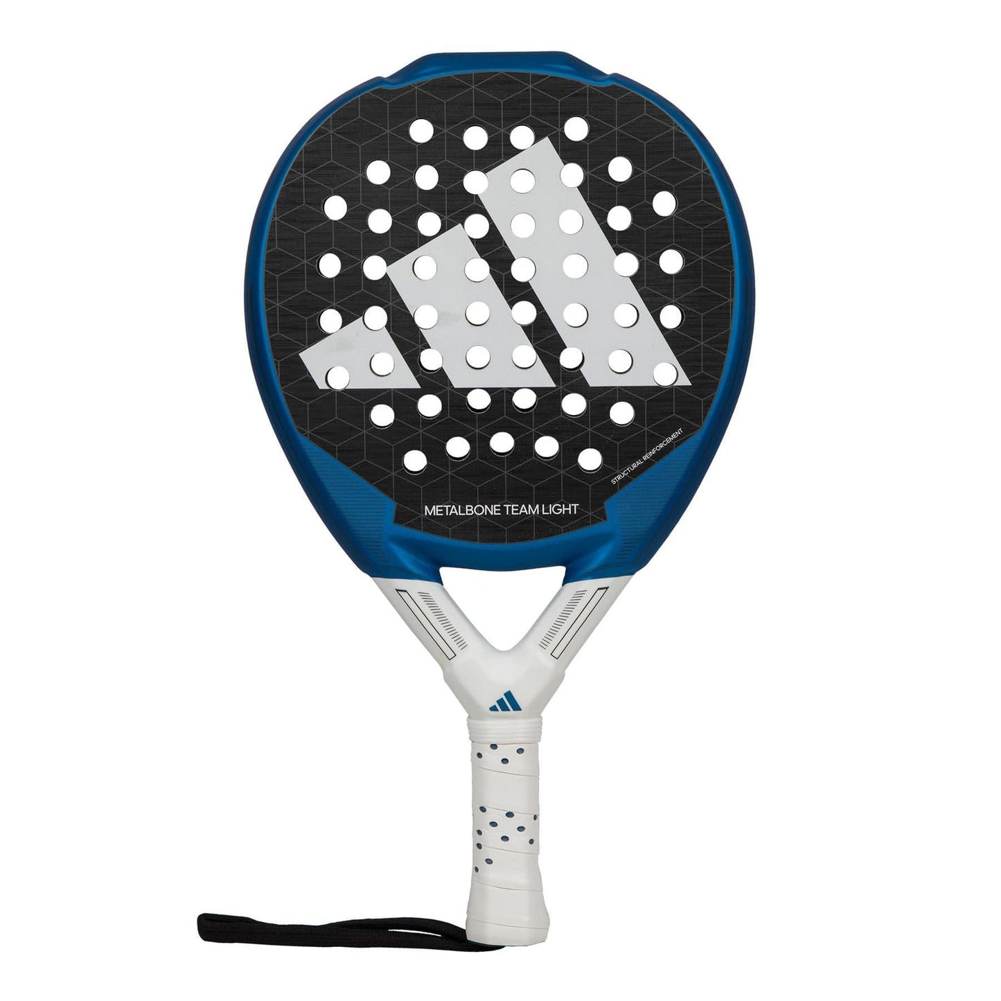 The adidas Metalbone Team Light 3.3 padel racket features a blue and black design, white grip, circular holes on the face, a wrist strap, and a white adidas logo on the head.