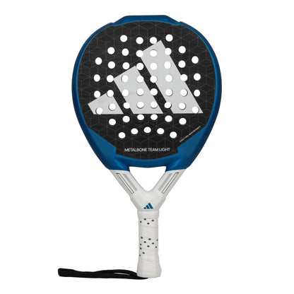 The adidas Metalbone Team Light 3.3 padel racket features a blue and black design, white grip, circular holes on the face, a wrist strap, and a white adidas logo on the head.