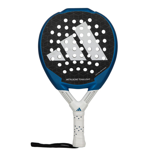 The adidas Metalbone Team Light 3.3 padel racket features a blue and black design, white grip, circular holes on the face, a wrist strap, and a white adidas logo on the head.