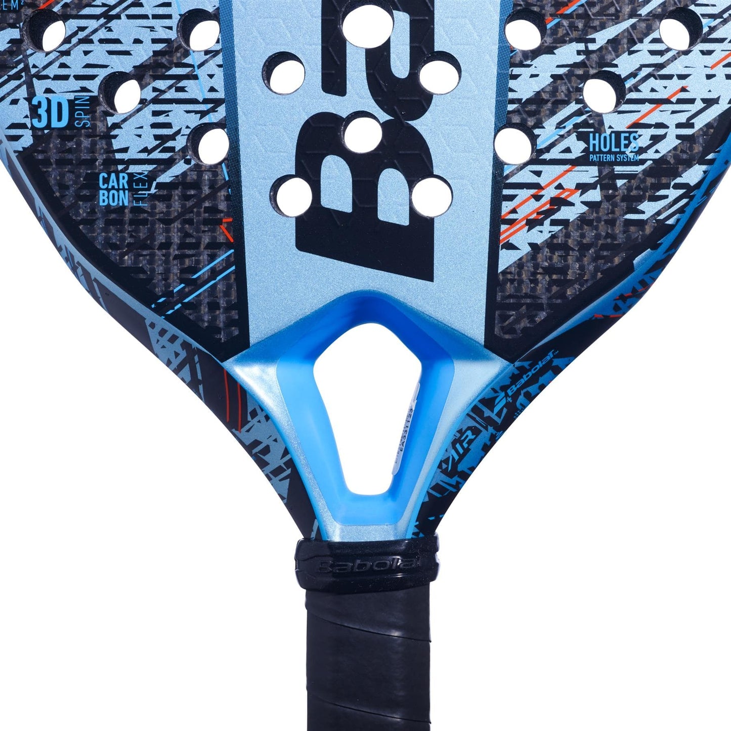Close-up of the Babolat Air Veron Padel Racket’s blue and black teardrop head, showcasing a geometric pattern, circular holes, and the Babolat logo at the center for dynamic power.