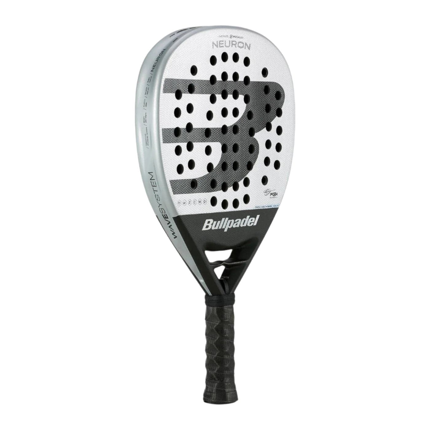 The Bullpadel Neuron 2025 Padel Racket features a white and black design with a large "B" logo, perforated holes, and black grip tape. Used by top pro Federico Chingotto.