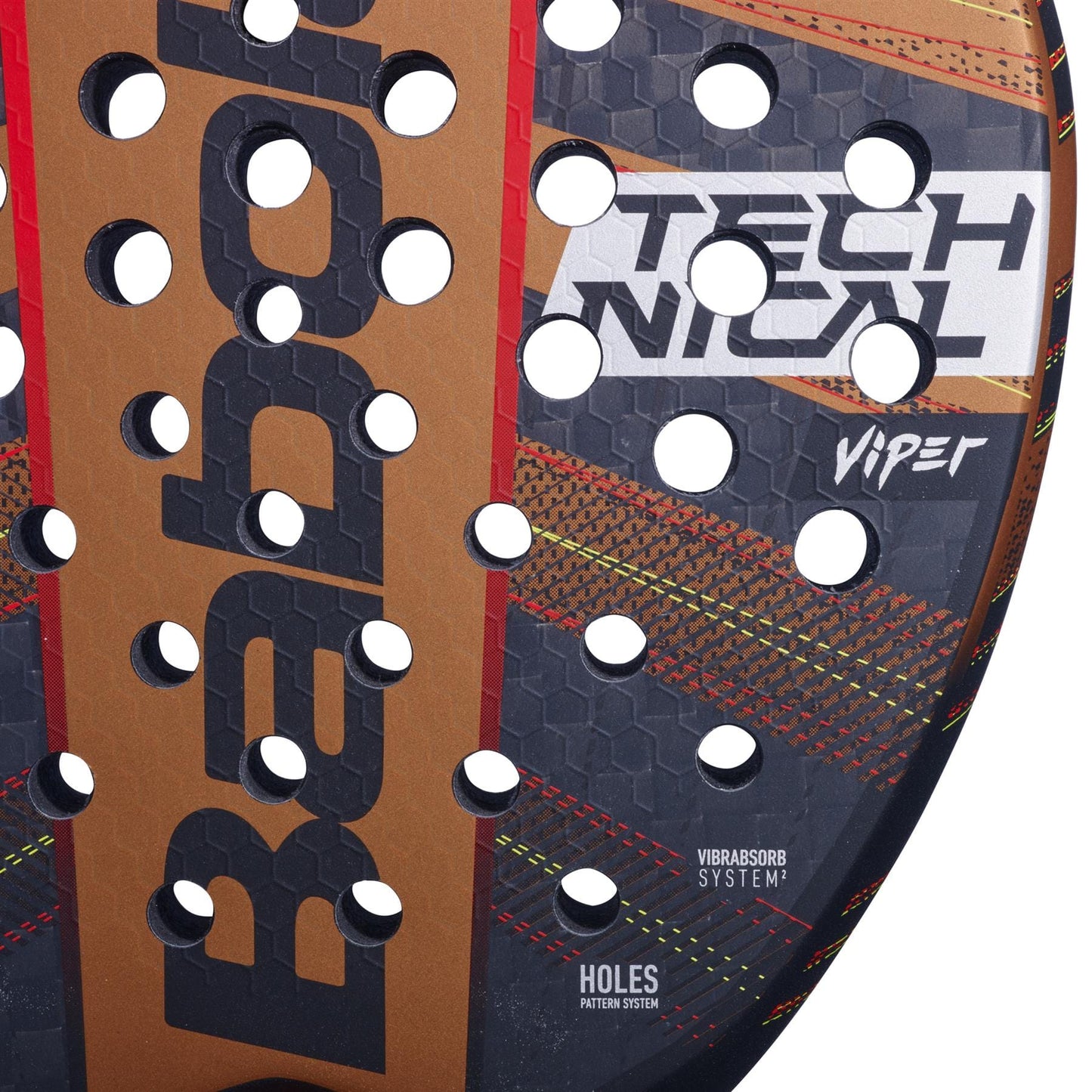 Close-up of the Babolat Technical Viper Padel Racket showing its signature branding, circular perforations, and textured surface. Features like vibration dampening and HOLES PATTERN SYSTEM enhance power and spin performance.