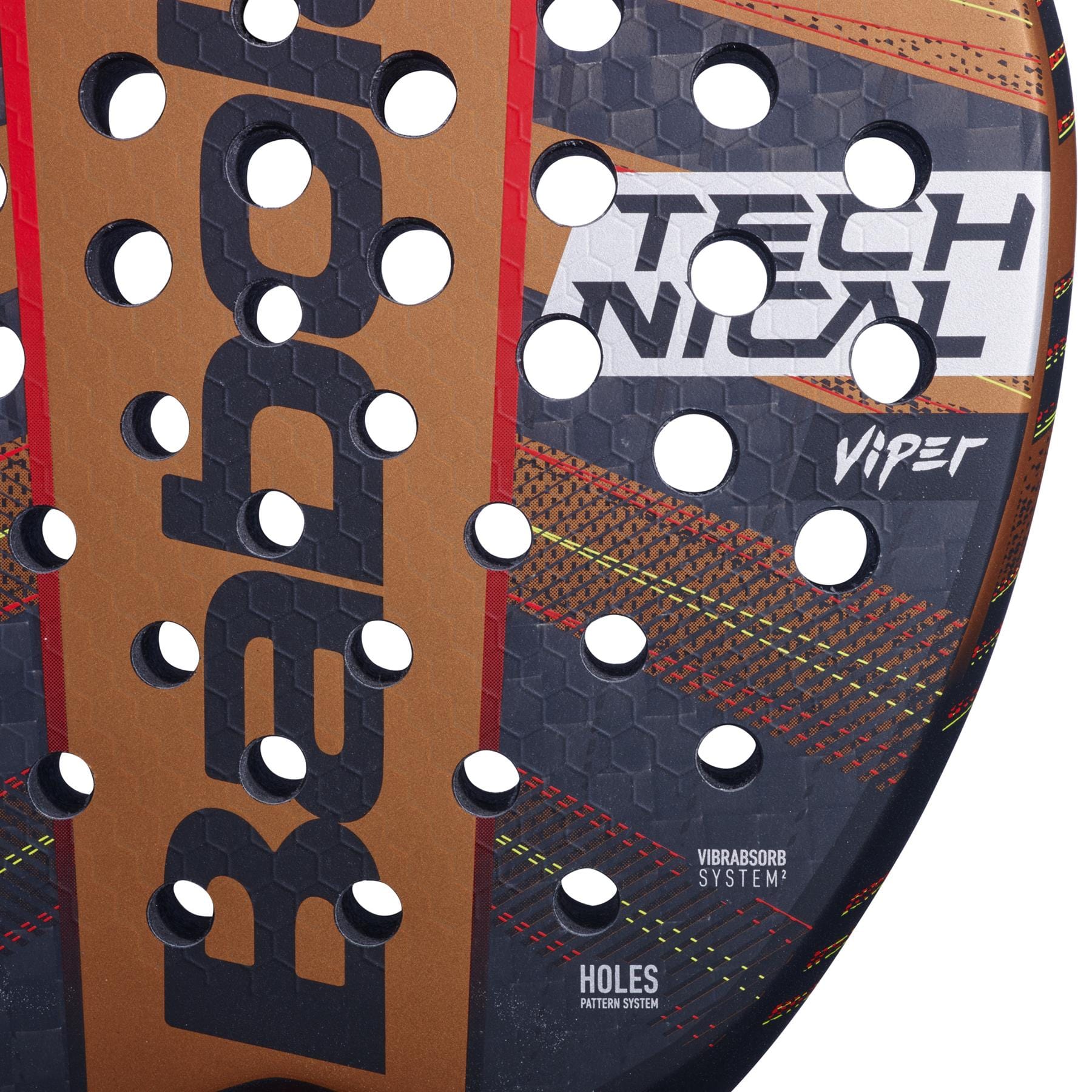 Close-up of the Babolat Technical Viper Padel Racket showing its signature branding, circular perforations, and textured surface. Features like vibration dampening and HOLES PATTERN SYSTEM enhance power and spin performance.