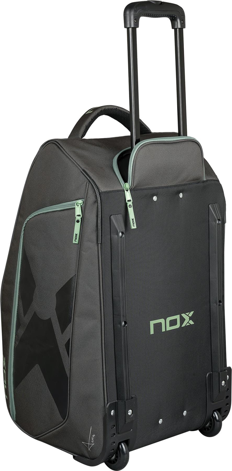 The NOX AT10 Competition Trolley Padel Racket Bag in black and green features an extended handle, two wheels for easy transport, and the NOX logo on the front—ideal as a spacious, wheeled padel bag.