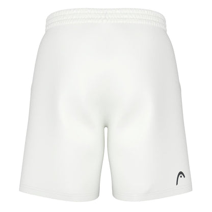 The HEAD Vision Power Men's Padel Shorts in white display a rear view showcasing an elastic waistband. A subtle logo from HEAD is positioned near the hem on one side, and the shorts offer 4-way stretch for improved mobility.