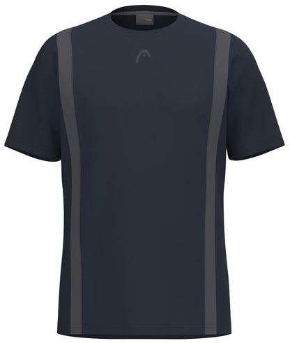 The HEAD Club Tech 25 Men's Padel T-Shirt in navy features short sleeves and subtle vertical stripes for a sleek look. Its chest logo and Moisture Transfer Microfiber ensure breathability, combining style and comfort in a modern design.