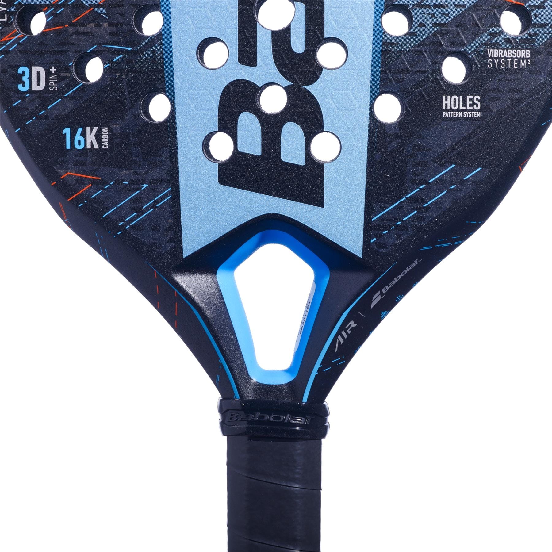Close-up of the Babolat Air Viper Padel Racket by Babolat, highlighting its honeycomb texture, ergonomic handle, and features like 3D Spin+, 16K Carbon, and Holes Pattern System for explosive court power.