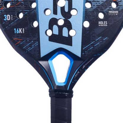 Close-up of the Babolat Air Viper Padel Racket by Babolat, highlighting its honeycomb texture, ergonomic handle, and features like 3D Spin+, 16K Carbon, and Holes Pattern System for explosive court power.