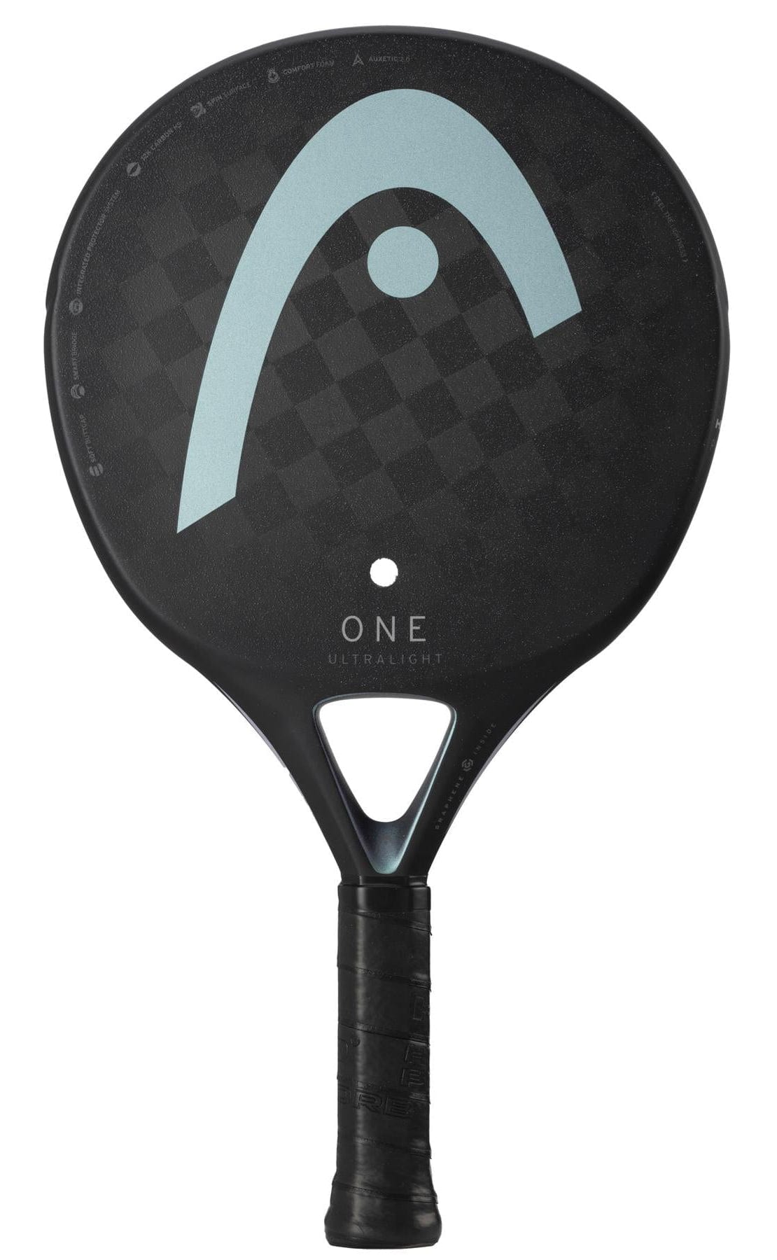 The HEAD One Ultralight Black Padel Racket by HEAD features a black design with light blue curves, "ONE" and "ULTRALIGHT" near the handle, a textured grip, and is ideal for beginners or those seeking an ultralight padel racket.