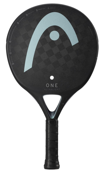 The HEAD One Ultralight Black Padel Racket by HEAD features a black design with light blue curves, "ONE" and "ULTRALIGHT" near the handle, a textured grip, and is ideal for beginners or those seeking an ultralight padel racket.