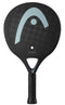 The HEAD One Ultralight Black Padel Racket by HEAD features a black design with light blue curves, "ONE" and "ULTRALIGHT" near the handle, a textured grip, and is ideal for beginners or those seeking an ultralight padel racket.