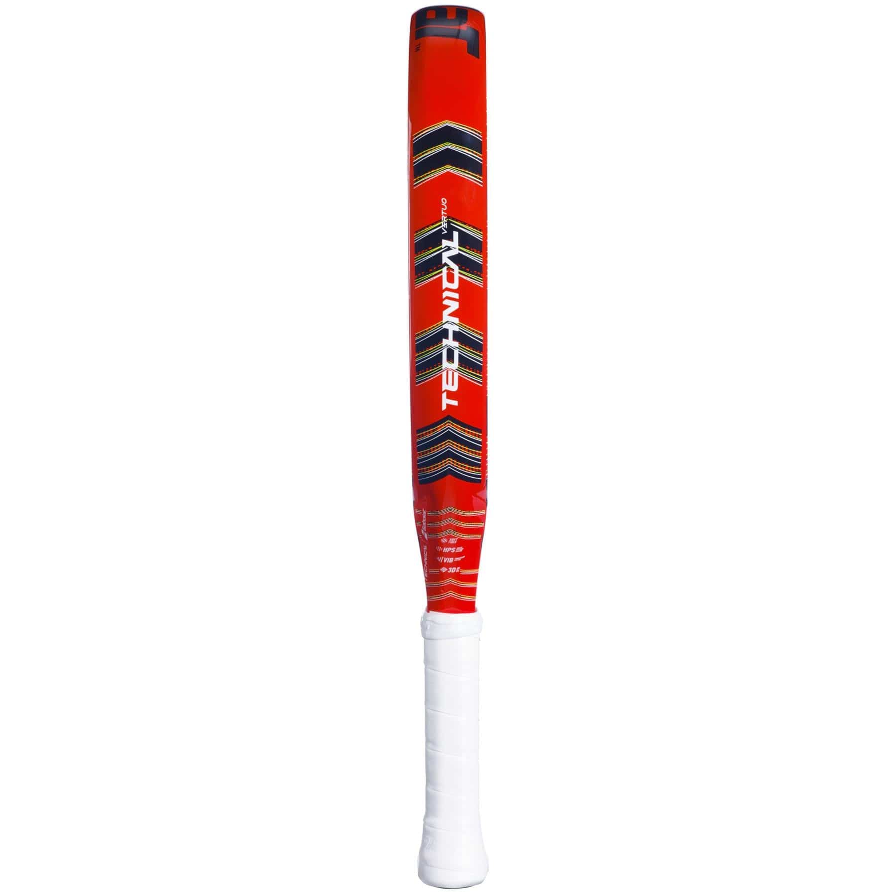 The Babolat Technical Vertuo Padel Racket features a striking red design with black and yellow chevrons, the Babolat brand name, and a white handle grip—crafted for power and precision in every swing.