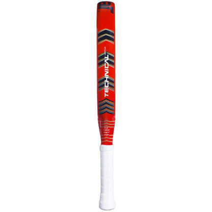 The Babolat Technical Vertuo Padel Racket features a striking red design with black and yellow chevrons, the Babolat brand name, and a white handle grip—crafted for power and precision in every swing.