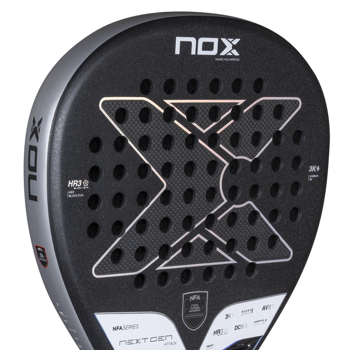 Close-up of the NOX NFA Nextgen Pro Attack 3K padel racket by NOX, showing its textured face, round holes, bold "X" design, and visible branding with model details at the top and side.