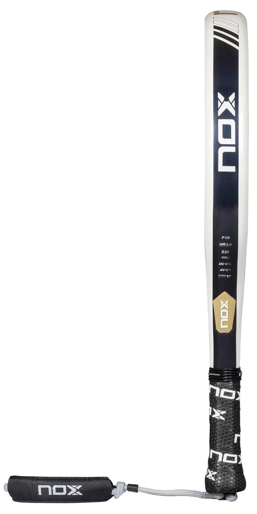 The NOX Equation Advance Series Padel Racket is a black and white paddle with branded detailing, a wrapped handle, and black wrist strap—ideal for intermediate players wanting top performance.