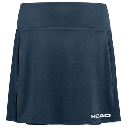 The HEAD Club Basic Women's Padel Skort Long in Navy combines comfort and style with a high waistband and side slit. The white "HEAD" logo adorns the bottom, while its Moisture Transfer Microfibre technology ensures you stay cool and dry.