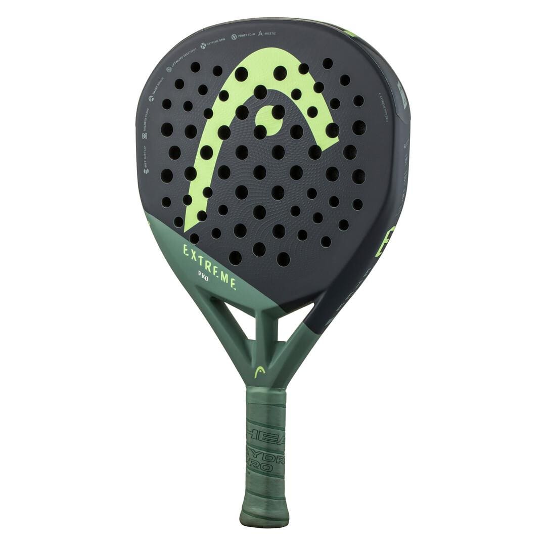 The HEAD Extreme Pro 2023 Padel Racket features a black and green rounded design, HEAD logo and "Extreme Pro" on the front, plus green grip tape—delivering extreme power for advanced players.