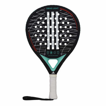 The adidas Drive Light 3.3 Padel Racket sports a sleek black design with white holes, teal accents, a white grip, and wrist strap. "DRIVE LIGHT" decorates the top, making it ideal for beginner-friendly play.