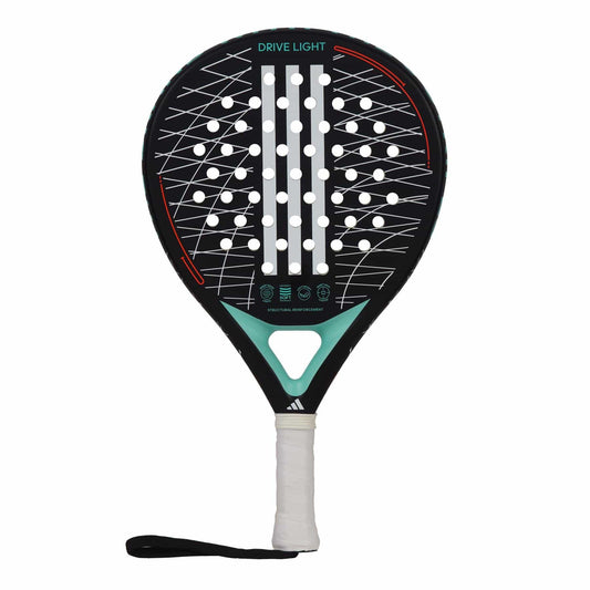 The adidas Drive Light 3.3 Padel Racket sports a sleek black design with white holes, teal accents, a white grip, and wrist strap. "DRIVE LIGHT" decorates the top, making it ideal for beginner-friendly play.