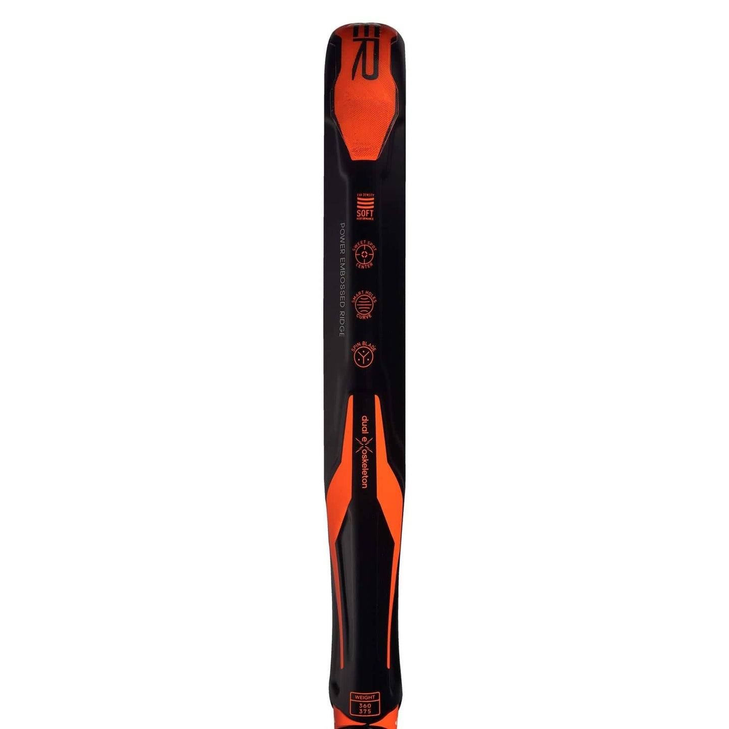 A close-up of the top section of a black and orange ski with the Rossignol logo, technical details, and design elements—evoking the precision seen in an adidas Adipower CTRL Team 3.3 Padel Racket.