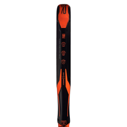 A close-up of the top section of a black and orange ski with the Rossignol logo, technical details, and design elements—evoking the precision seen in an adidas Adipower CTRL Team 3.3 Padel Racket.