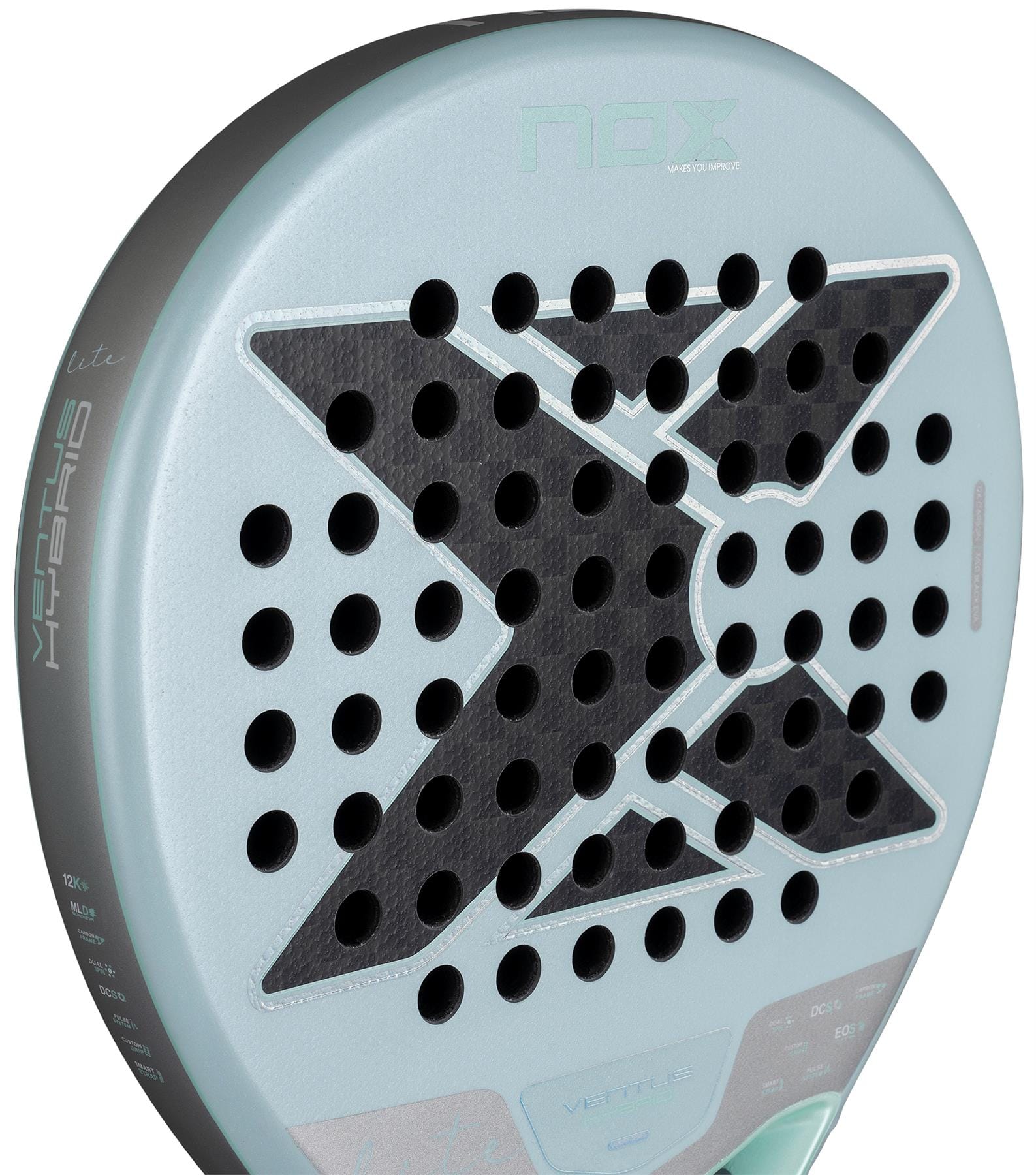 Close-up of a NOX Luxury Ventus 12K Hybrid Lite 2026 padel racket in light blue, showing a bold black "X," round holes, and surface text like "HYBRID" and "Vermis." The racket features durable 12K carbon fibre.