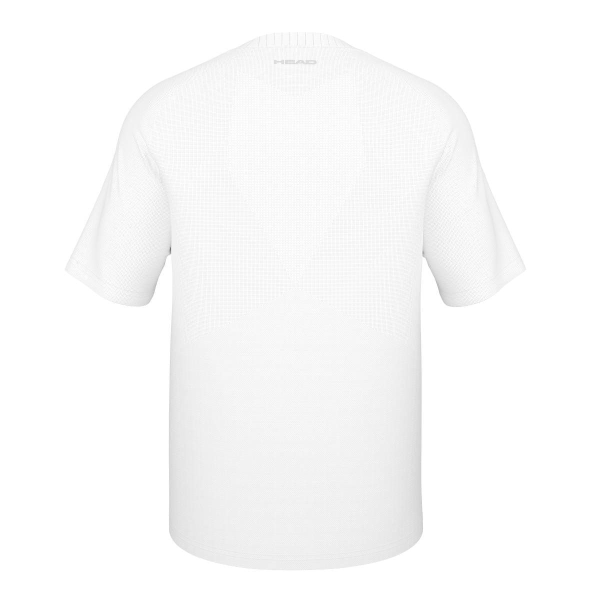 The HEAD Performance Men's Padel T-Shirt - XPWH, a white short-sleeve shirt featuring Moisture Transfer Microfibre technology, is showcased against a white background. A small logo is visible near the neckline on the back of the T-shirt, which boasts a smooth and minimalist design.