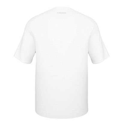 The HEAD Performance Men's Padel T-Shirt - XPWH, a white short-sleeve shirt featuring Moisture Transfer Microfibre technology, is showcased against a white background. A small logo is visible near the neckline on the back of the T-shirt, which boasts a smooth and minimalist design.