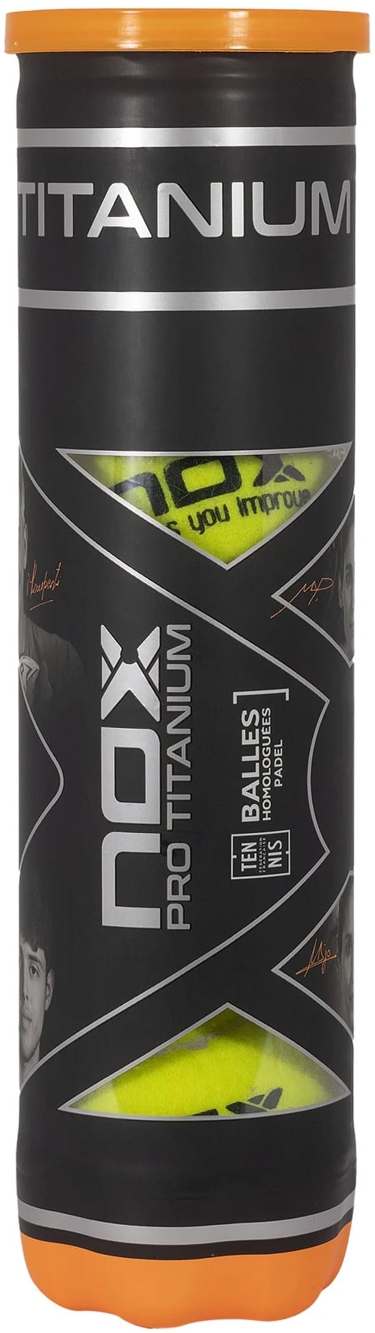 A black cylindrical tube of NOX Pro Titanium Padel Balls by NOX, with three balls, an orange lid, pro players' images and signatures, and a yellow ball visible through an X-shaped window on the front.