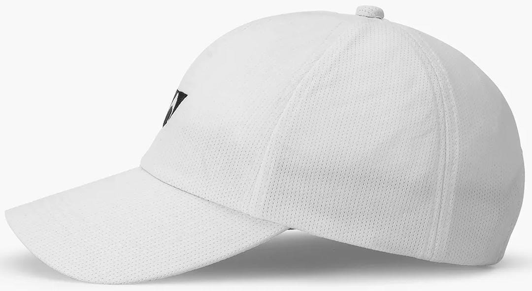 The Yonex 40125EX Padel Cap in white is a lightweight sports cap with a curved brim and a small black triangular logo on the front left panel, shown from the side on a plain background.