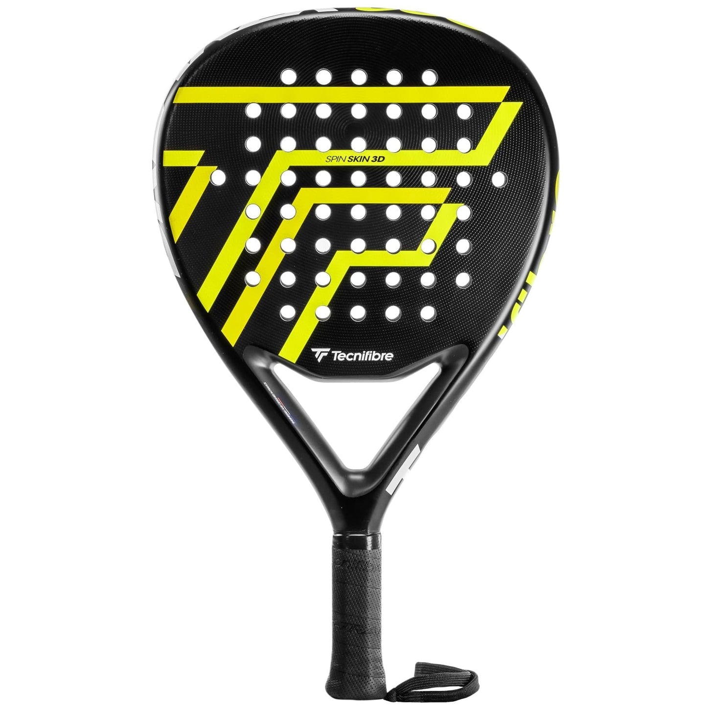 The Tecnifibre Wall Breaker 360 Padel Racket features a black design with yellow geometric lines, round shape, perforated surface, black handle with wrist strap, “SPIN SKIN 3D” label, and X-Top innovation for enhanced performance.