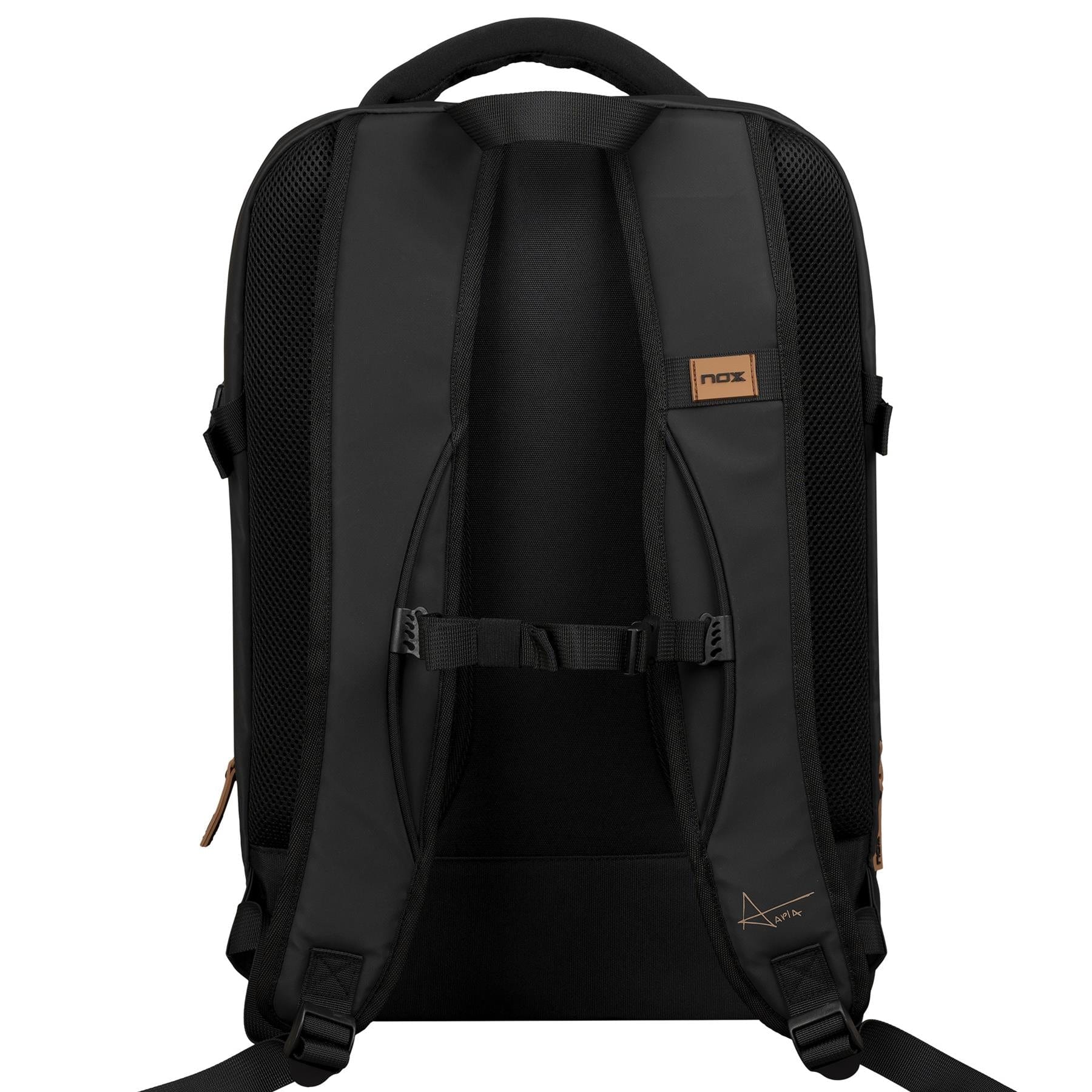 The NOX Luxury Open Series Padel Backpack - Black / Brown, shown from the back, features padded shoulder straps, a top handle, chest buckle, brown NOX logo patches, and mesh padding with an air ventilation system for comfort.
