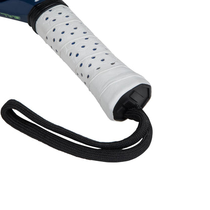 Close-up of an adidas Cross It Carbon CTRL Padel Racket handle, wrapped in white grip tape with a black wrist strap. Its carbon fibre design stands out against the plain white background.