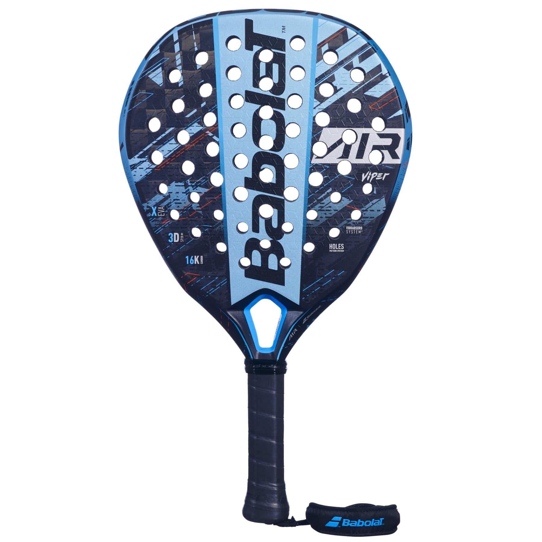 The Babolat Air Viper Padel Racket features a blue and black design with "Babolat" and "Viper" on the face, a textured surface with multiple holes, a black grip, wrist strap, and is built for explosive power.