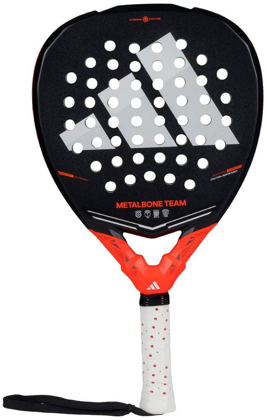The adidas Metalbone Team 2026 Padel Racket features a black and red design, white grip, Spin Blade Gritt technology for extra spin, "METALBONE TEAM" on the head, Adidas logo, and a wrist strap on the handle.