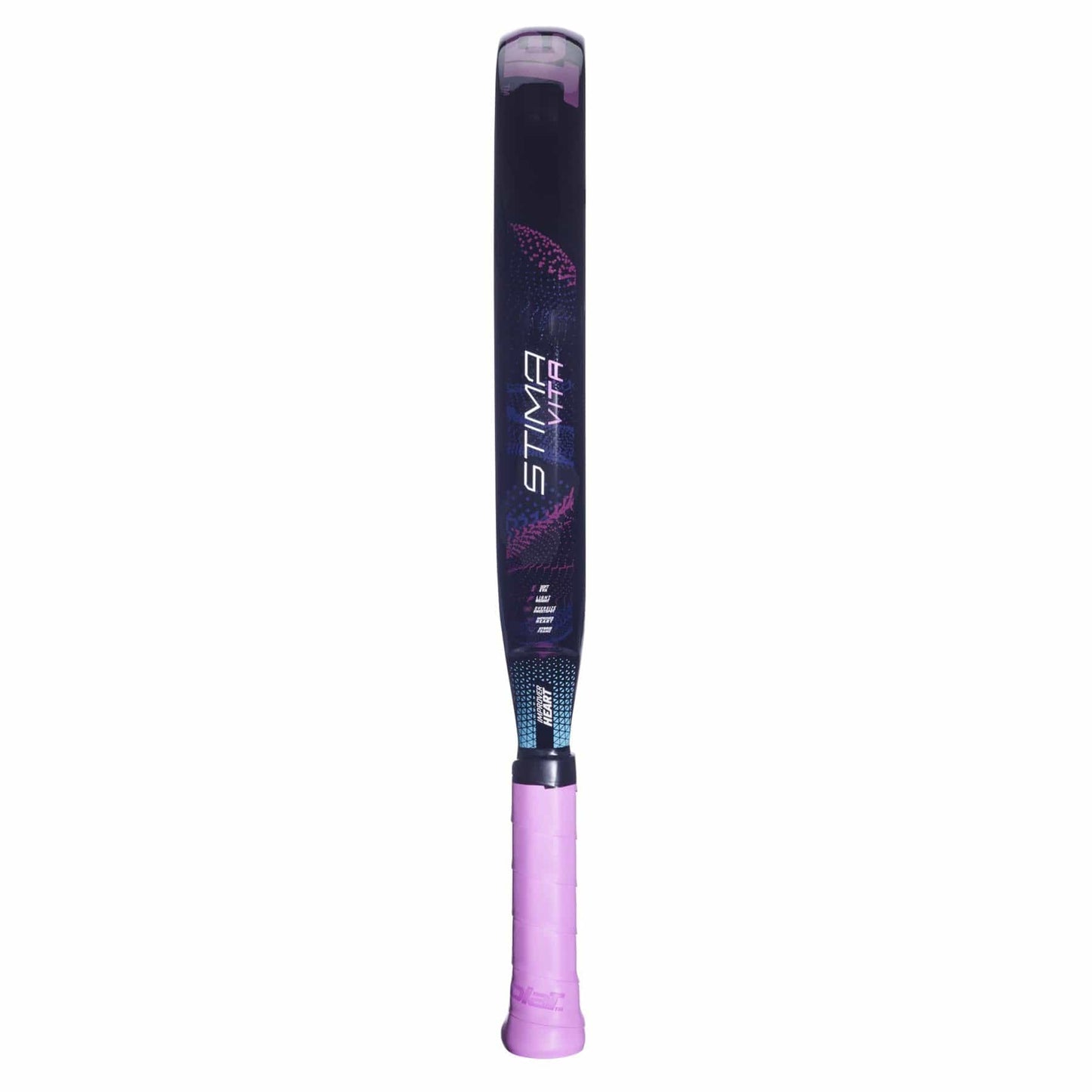 The Babolat Stima Vita Padel Racket by Babolat is a sleek purple and black racket with a textured handle, "STYMA" on the blade, displayed against a white background—ideal for players seeking style and lightweight performance.