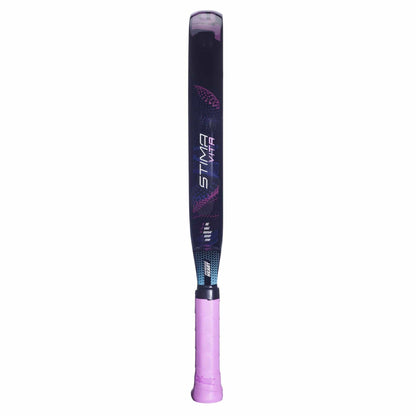 The Babolat Stima Vita Padel Racket by Babolat is a sleek purple and black racket with a textured handle, "STYMA" on the blade, displayed against a white background—ideal for players seeking style and lightweight performance.
