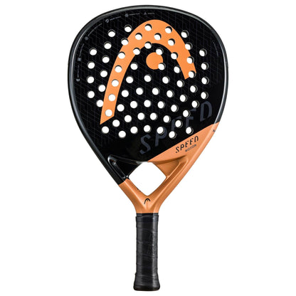 The HEAD Speed Motion 2023 Padel Racket by HEAD features a black and orange design, perforated face with "HEAD" and "SPEED" labels, Auxetic technology, black grip, and modern style—perfect for advanced padel players.