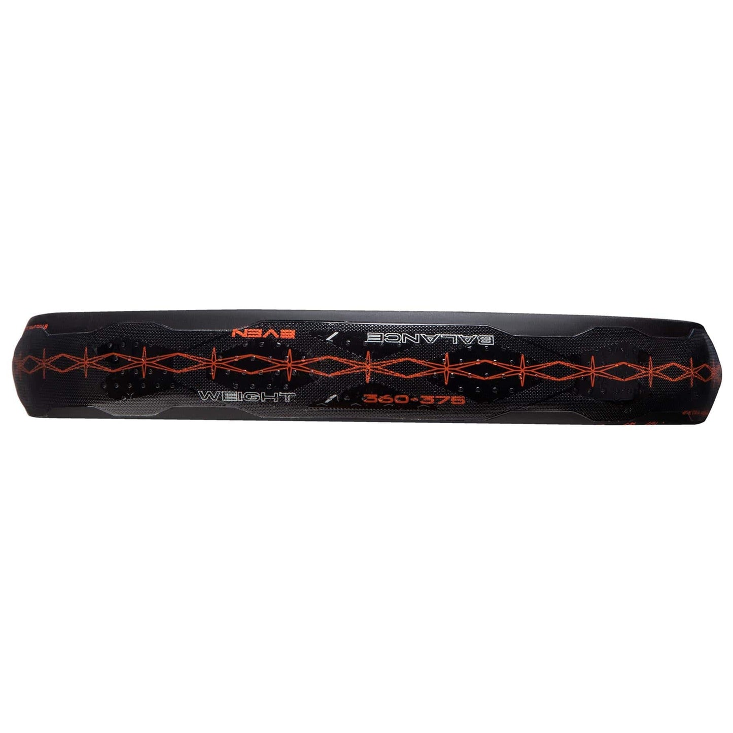 A black and orange ADIDAS Cross It CTRL Padel Racket by adidas, displayed horizontally with geometric patterns and “BALANCE,” “WEIGHT,” and “360-375” labels, giving it a striking, control-oriented look.